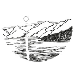 Hand-drawn black outline sketch of mountain landscape. Drawn in ink mountains, trees, waves. Wildlife of mountainous countries. Vector drawing for prints, cards, albums.