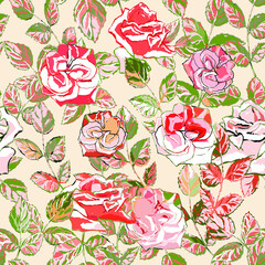 Seamless pattern. Beautiful red-green leaves and sprigs of roses, lush flowers of roses. Champagne sails background. Endless vector illustration for print, etc.