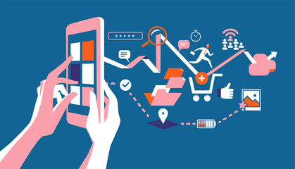 Le numerose possibilità delle applicazioni mobile. Le mani che interagiscono con un dispositivo digitale dal quale esce un flusso di icone © Hurca!