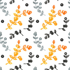 Seamless pattern Graphic twigs with berries on a white watercolor textured background. Hand drawn illustration for template design, social media, cover, fabric, packaging, wallpaper