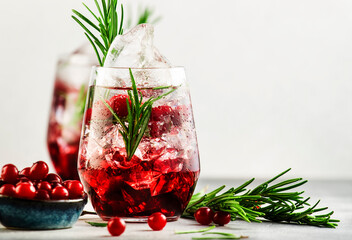 Cranberry cocktail or mocktail with ice, rosemary and red berries in tumbler glass, gray background, copy space