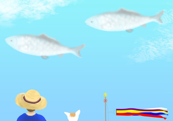 5月の青空を見上げる麦わら帽子の子供と猫、遠くに吹き流し、空には鯉のぼりのような雲の魚。日本の子供の祭り「端午の節句」にちなんだファンタジックなイラストレーション