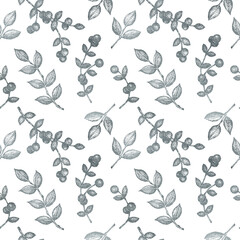 Plakat Seamless pattern Graphic twigs with leaves on a white watercolor textured background. Hand drawn illustration for template design, social media, cover, fabric, packaging, wallpaper