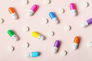 Many colorful pills capsules and tablets.