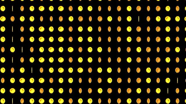 Pixel art gold coin animation with glow, old 8bit video game background.