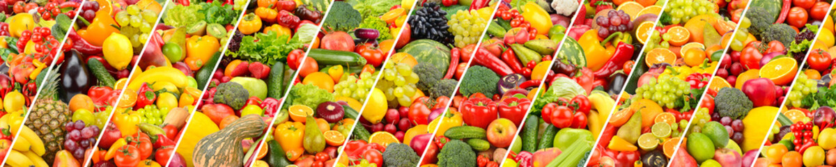 Large wide background of bright vegetables and fruits