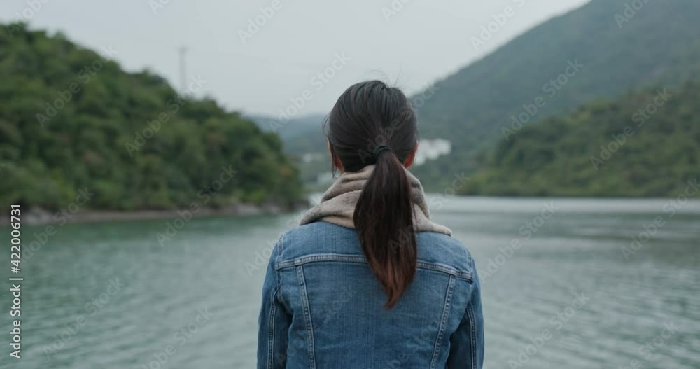 Sticker woman enjoy the sea and mountain view