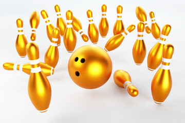 3d rendering-Group of Gold Bowling Pins on white background.