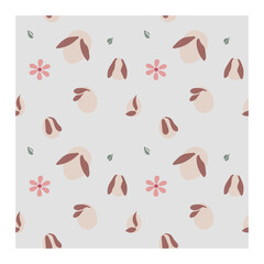 seamless pattern with pink bunny and floral shapes on a white background.