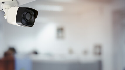 Modern CCTV cameras can be wall-mounted in offices or companies to prevent theft. Theft and corporate safety In doing business With blur background, security concept, surveillance and tracking.