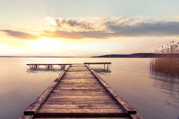 Naklejka na ściany i meble Sunset at over the pier at Lake Balaton Hungary