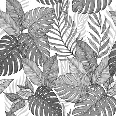 Seamless monochrome floral pattern, Tropical palm leaves, jungle leaves - 422010347
