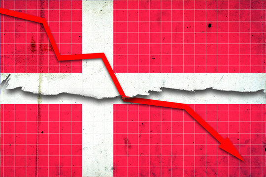 Fall of the Denmark Economy. Recession graph with a red arrow on the Denmark flag. Economic decline. Decline in the economy of stock trading. Downward trends in the economy.