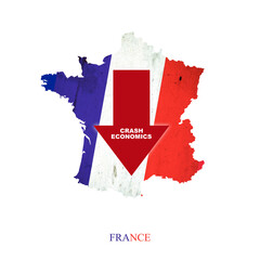 Crash Economics France. Red down arrow on the map of France. Economic decline. Downward trends in the economy. Isolated.