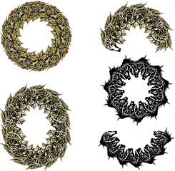 Abstract color and black frames created by horse heads. A beautiful collection of rounded frames and arches with colorful splashes for holidays and events, prints, textiles, wallpaper, etc.