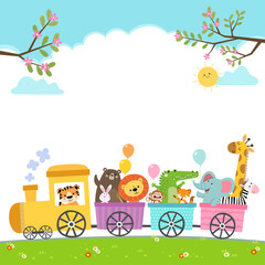 Template for advertising brochure with cartoon of happy animals on the train. © kankhem