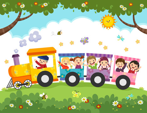 Vector illustration cartoon of happy kids with the train.