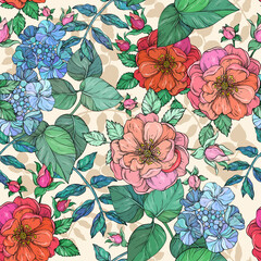 Colorful summer floral seamless pattern with roses