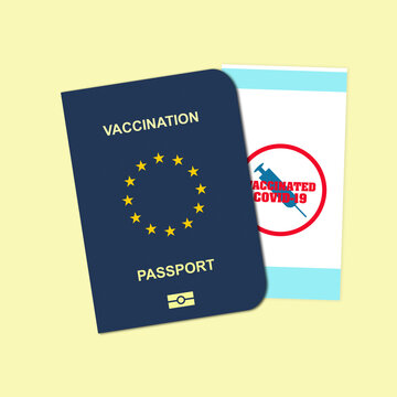 Vaccination Passport stamped vaccinated with COVID-19, on a yellow background. For people vaccinated against COVID-19.