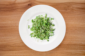 A lot of radish microgreens on a white plate on a wooden table. View from above