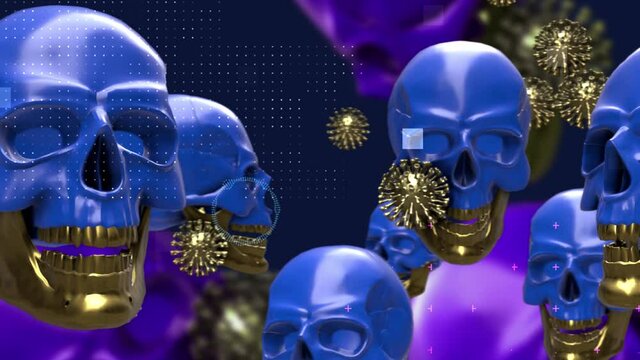 The background is a banner in a creative, bright, fashionable style with the image of a skull and coronavirus molecules.