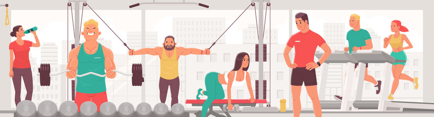 Fototapeta na wymiar People exercising in the gym. Men and women perform strength and cardio exercises, run on a treadmill