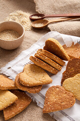 Homemade crispy cookies with sesame seeds in the shape of heart