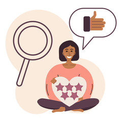 Flat illustration with quality rating. The concept of evaluating work and receiving feedback. A girl holds a heart with stars. In the background is a magnifying glass and a fist like in a bubble