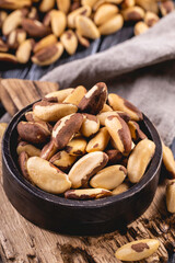 Many delicious Brazil nuts. Brazil nut, healthy food ingredient.