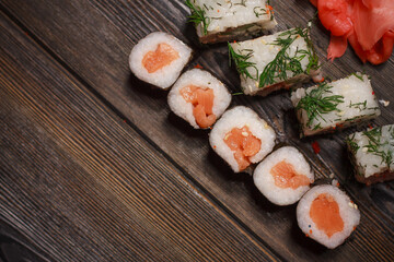 stuffed sushi rolls seafood wasabi ginger asian food