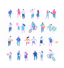 Fototapeta na wymiar Different isomeric people vector set isolated on white. Male and female characters. People outdoor activities isometric vector set