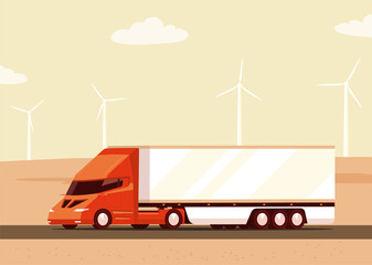 Big modern electric truck with trailer on the background of an abstract landscape and wind turbines. Vector flat illustration.