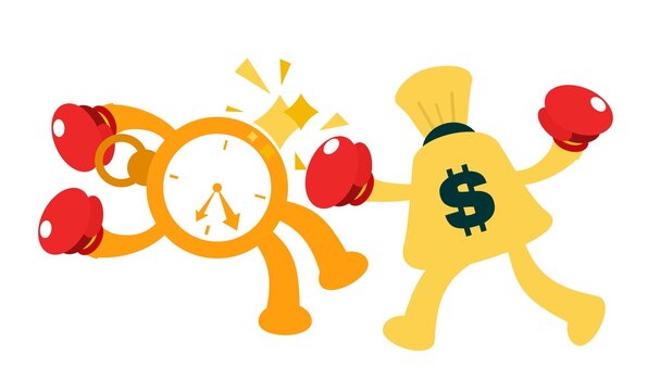 gold bag fight with time cartoon flat design illustration