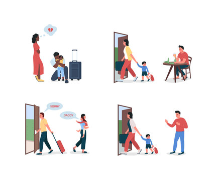 Divorcing parents flat color vector detailed character set. Mother leaving with child. Alcoholic dad. Family conflict isolated cartoon illustration for web graphic design and animation collection