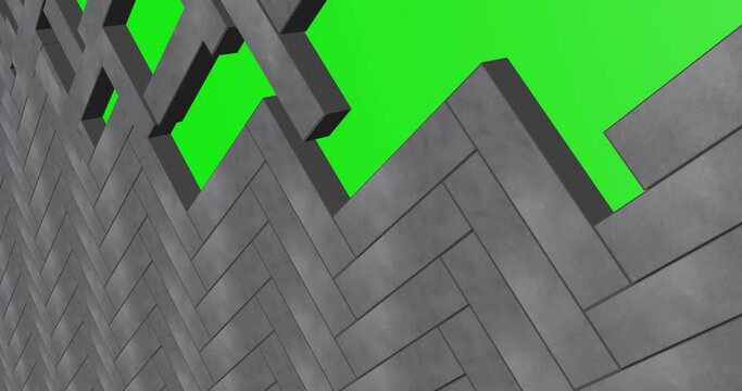 3D Herringbone style blocks building. On green background.