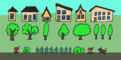 Set of simple houses and trees, street. Vector street, houses, bushes, trees.
