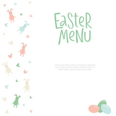 Happy Easter menu - rabbit, bunny minimalistic style with lettering sign and frame. Vector stock illustration isolated on white background for restaurant, kids menu, template for invitation. EPS10