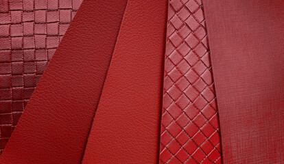 close up red leather samples swatch with rough and weave pattern. leatherette sample for interior...