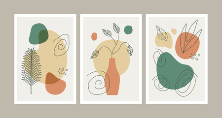 Abstract hand drawn contemporary botanical poster, flyer and wall art background set