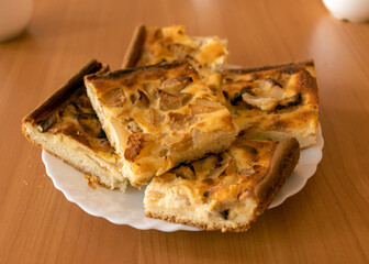 apple pie and white milk cups, school catering concept, lunch for students