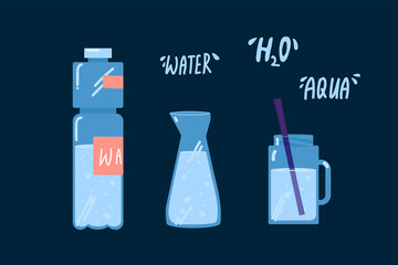 Collection of items with drinking water. The concept of water in a plastic bottle, glass mug and bottle with Water labels. Vector set in the Doodle style. Zero waste. Vector illustration