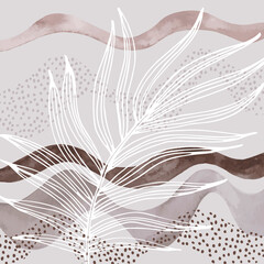 Abstract palm leaf on watercolor minimal wavy shapes background