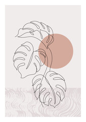 One line art monstera leaf plant poster. Elegant tropical leaf with grunge doodle texture background. © Tanya Syrytsyna