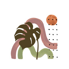 Elegant tropical leaf with watercolor minimal wavy shapes background