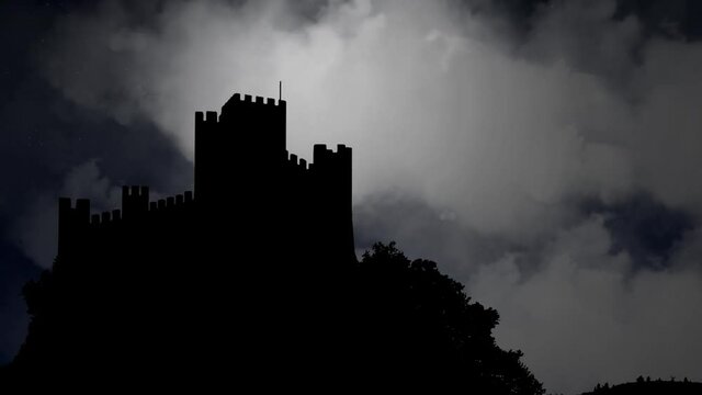 Almourol Castle by Night with Crescent Moon and Clouds, Vila Nova Da Barquinha, Lisbon, Portugal