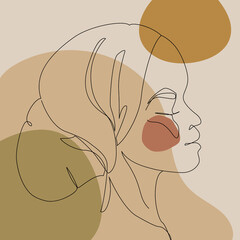 Black woman afro portrait with geometric shapes background. Female profile continuous line art.