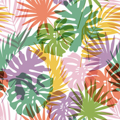 Fototapeta na wymiar Hand drawn abstract tropical summer background: colorful palm leaf, monstera leaves silhouettes.