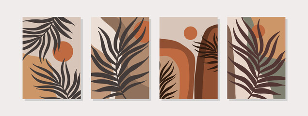 Abstract landscape set with geometric shapes, sun, tropical leaves in mid century modern style - obrazy, fototapety, plakaty