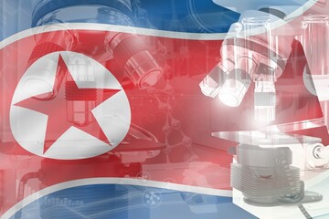 Microscope on North Korea flag - science development conceptual background. Research in physics or pharmacy, 3D illustration of object