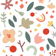 Floral seamless pattern with flowers, leaves, berries. Vector texture isolated on white background.